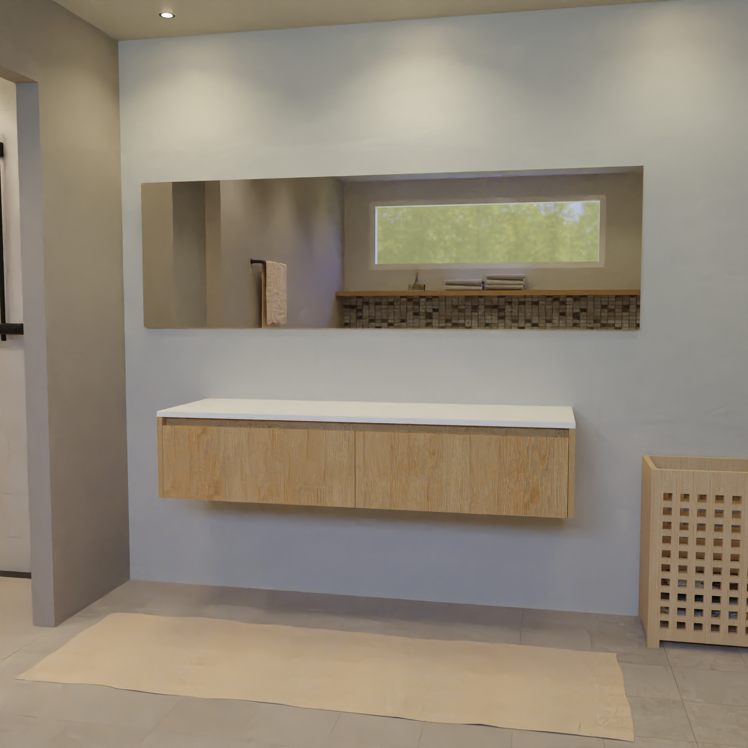 Maatwerk design wastafel onderkast, gemaakt van eiken hout fineer of eiken hout massief met een blad van solid surface. Het front te openen d.m.v. Greeplijst boven