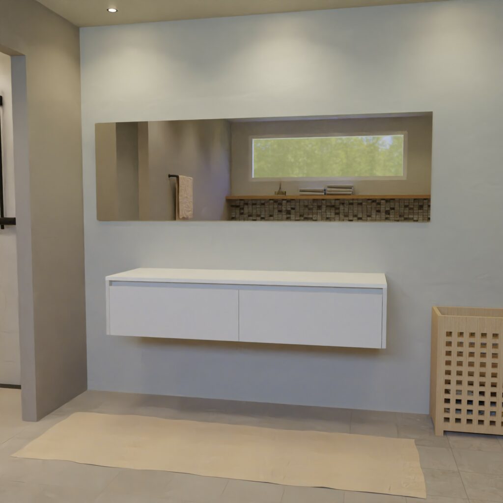 Maatwerk design wastafelkast, gemaakt van Wit melamine of gespoten mdf met een blad van solid surface. Het front te openen d.m.v. Greeplijst boven