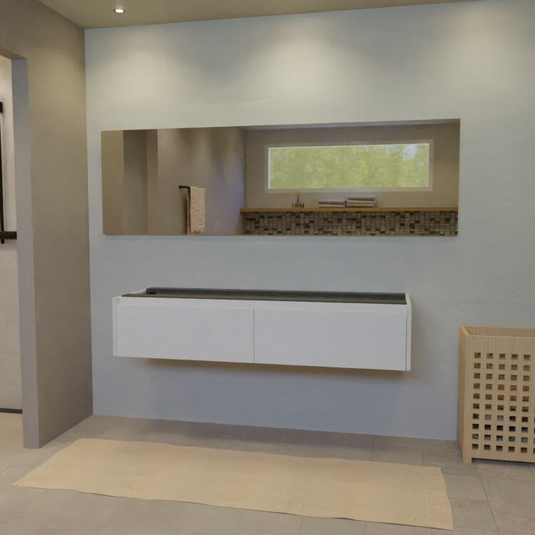 Maatwerk design wastafelkast, gemaakt van Wit melamine of gespoten mdf met een blad van zonder. Het front te openen d.m.v. Greeplijst boven