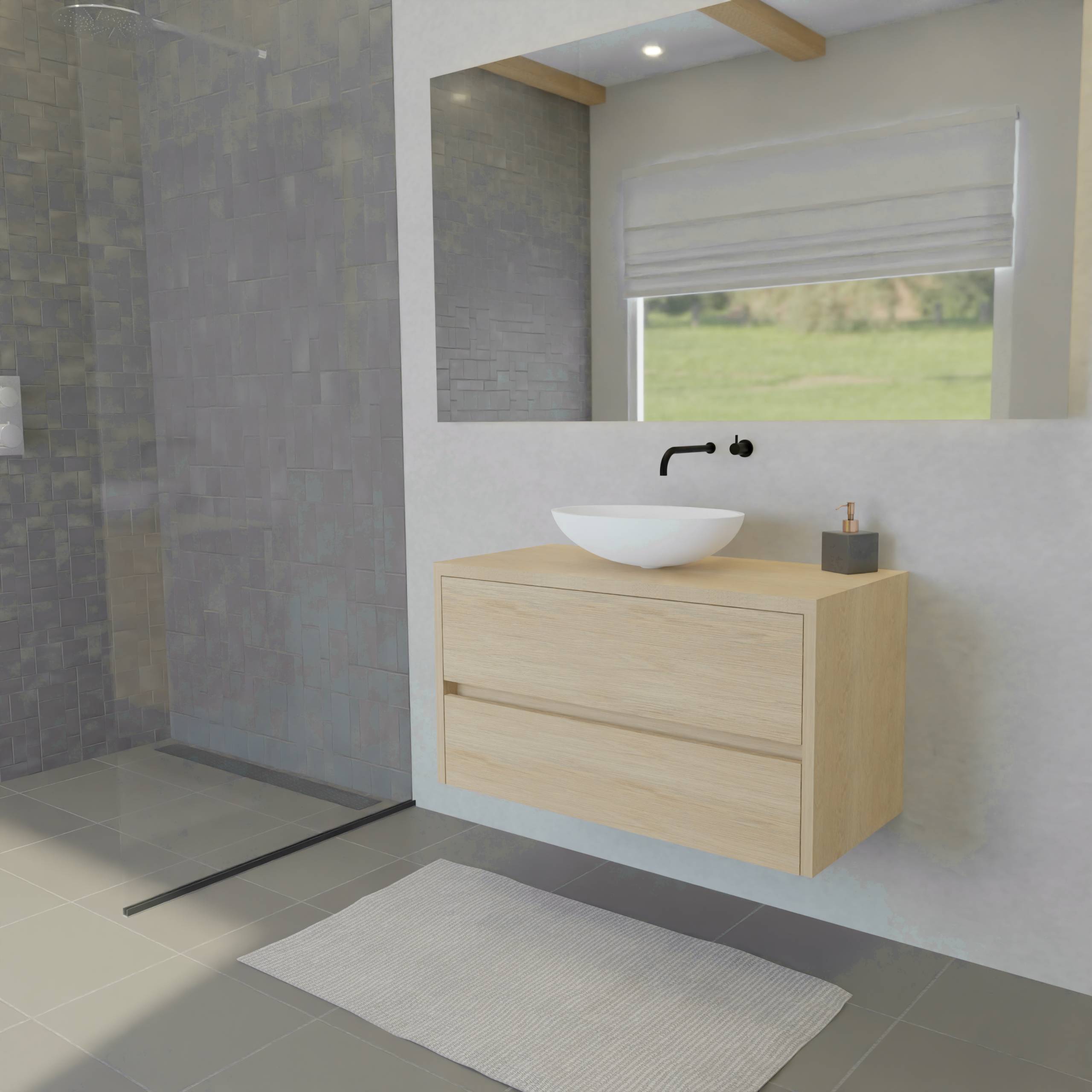 Maatwerk design wastafelmeubel, gemaakt van eiken hout fineer of eiken hout massief met een blad van eiken en 1 waskom van Solid Surface. Het front te openen d.m.v. Greeplijst midden