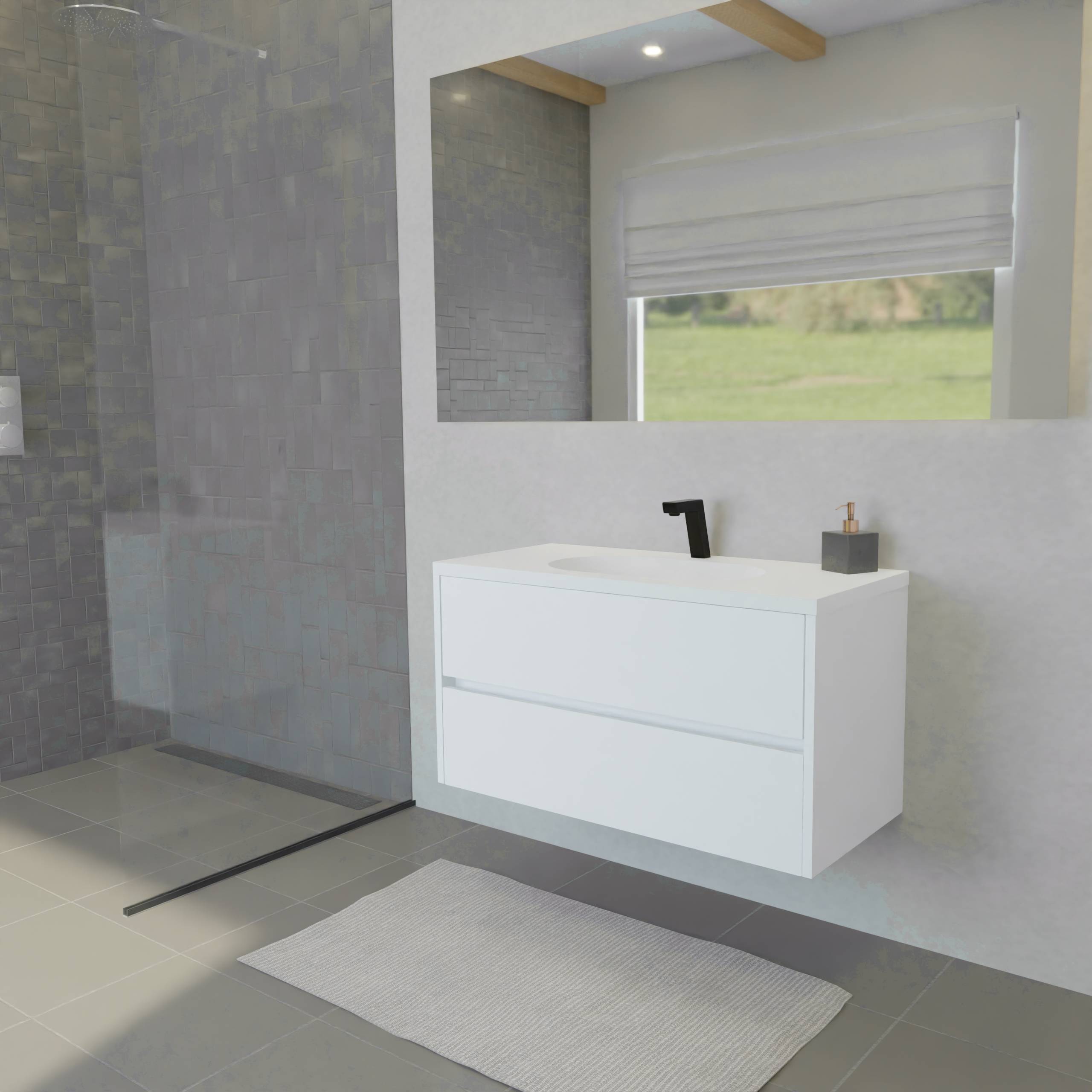 Maatwerk design badkamermeubel, gemaakt van Wit melamine of gespoten mdf met een blad van solid surface en 1 waskom van Solid Surface. Het front te openen d.m.v. Greeplijst midden