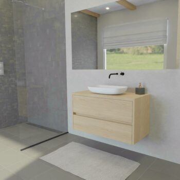 Maatwerk design wastafel onderkast, gemaakt van eiken hout fineer of eiken hout massief met een blad van eiken en 1 waskom van Solid Surface. Het front te openen d.m.v. Greeplijst midden