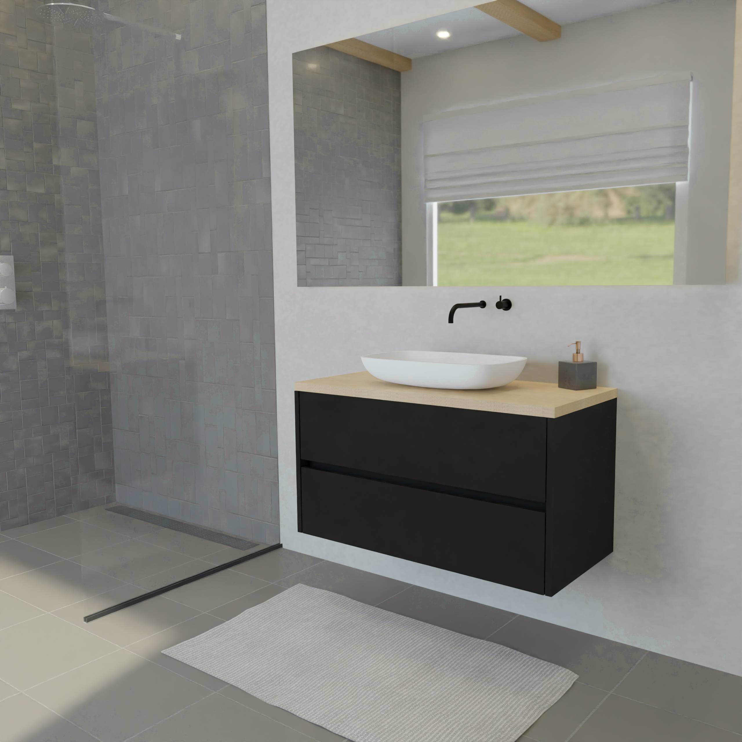 Maatwerk design wastafelmeubel, gemaakt van Zwart melamine of gespoten mdf met een blad van eiken en 1 waskom van Solid Surface. Het front te openen d.m.v. Greeplijst midden