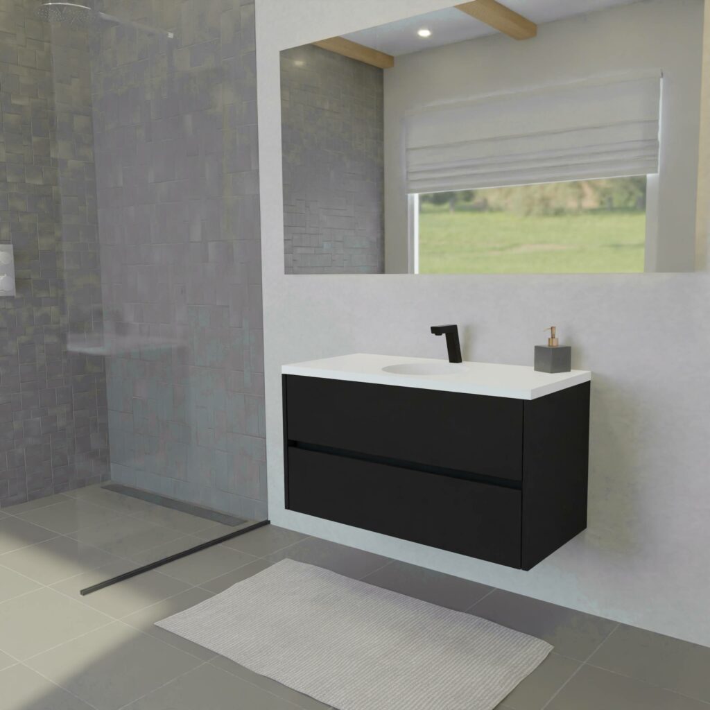 Maatwerk design badmeubel, gemaakt van Zwart melamine of gespoten mdf met een blad van solid surface en 1 waskom van Solid Surface. Het front te openen d.m.v. Greeplijst midden