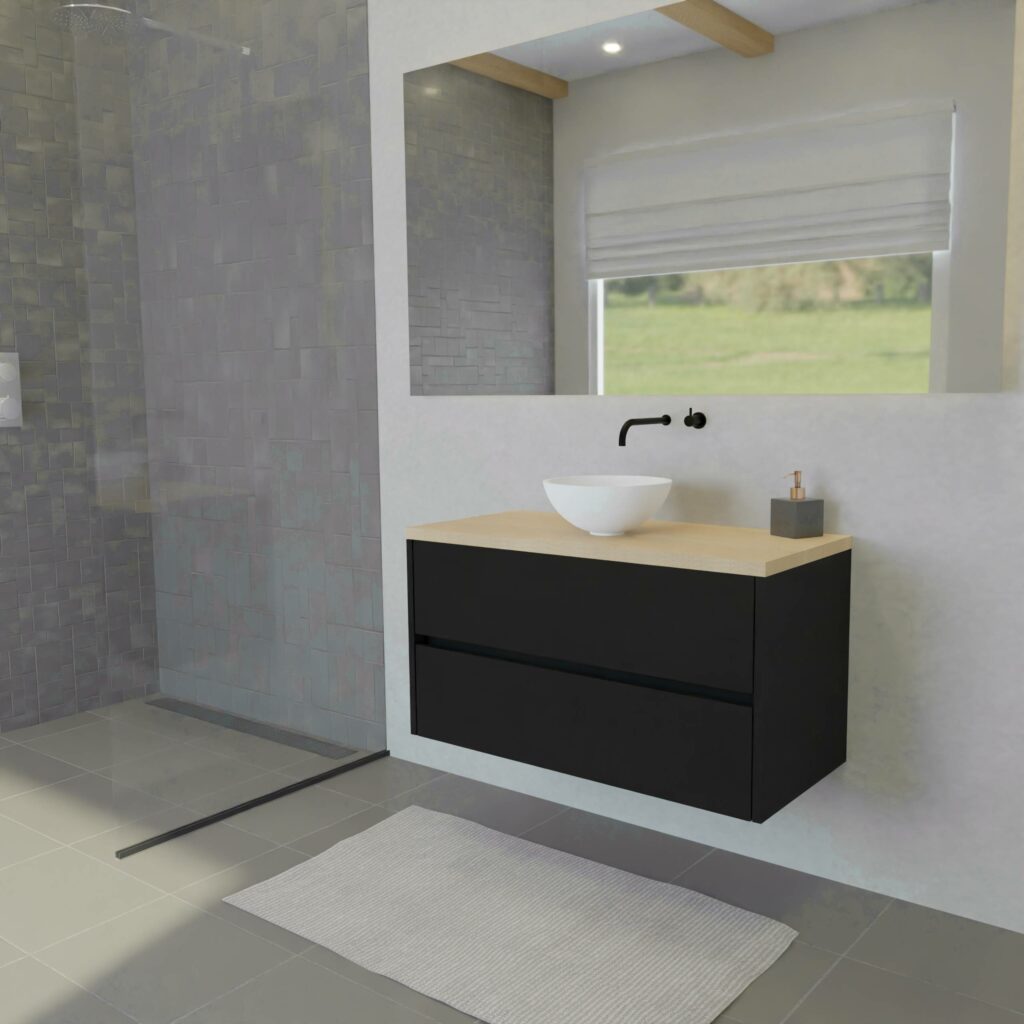 Maatwerk design badkamermeubel, gemaakt van Zwart melamine of gespoten mdf met een blad van eiken en 1 waskom van Solid Surface. Het front te openen d.m.v. Greeplijst midden