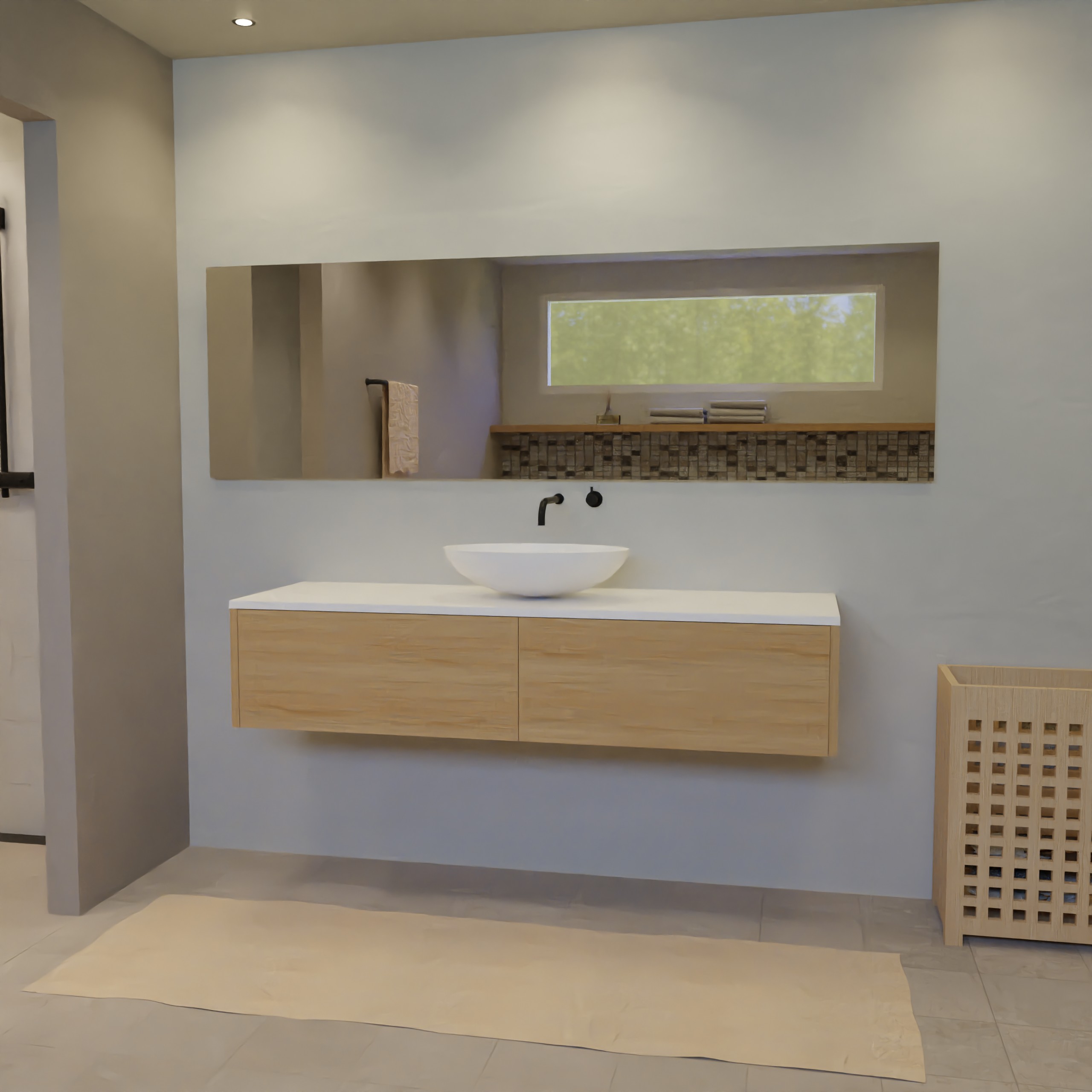 Maatwerk design badkamermeubel, gemaakt van eiken hout fineer of eiken hout massief met een blad van solid surface en 1 waskom van Solid Surface. Het front te openen d.m.v. Push to Open