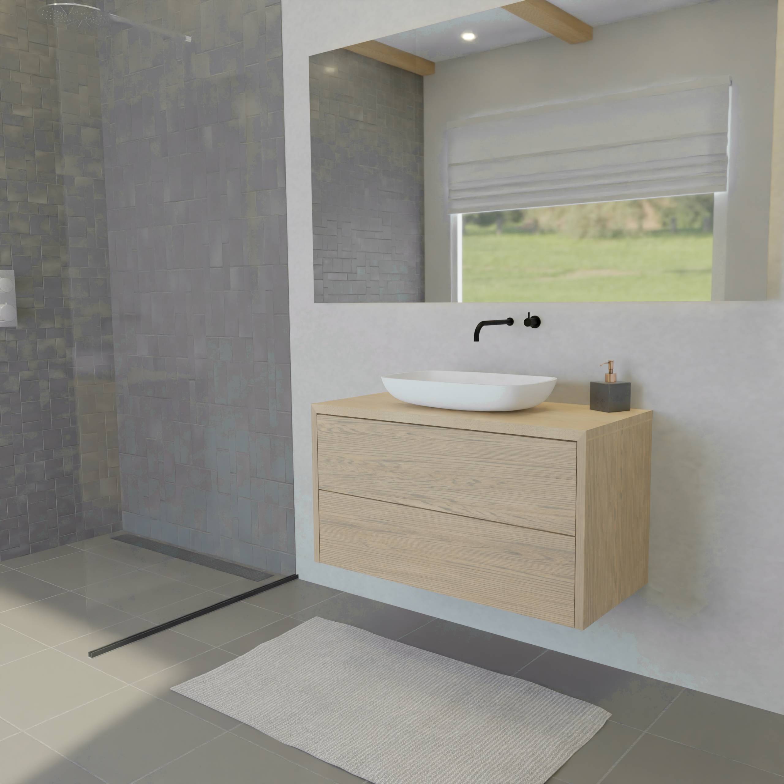 Maatwerk design wastafelkast, gemaakt van eiken hout fineer of eiken hout massief met een blad van eiken en 1 waskom van Solid Surface. Het front te openen d.m.v. Push to Open