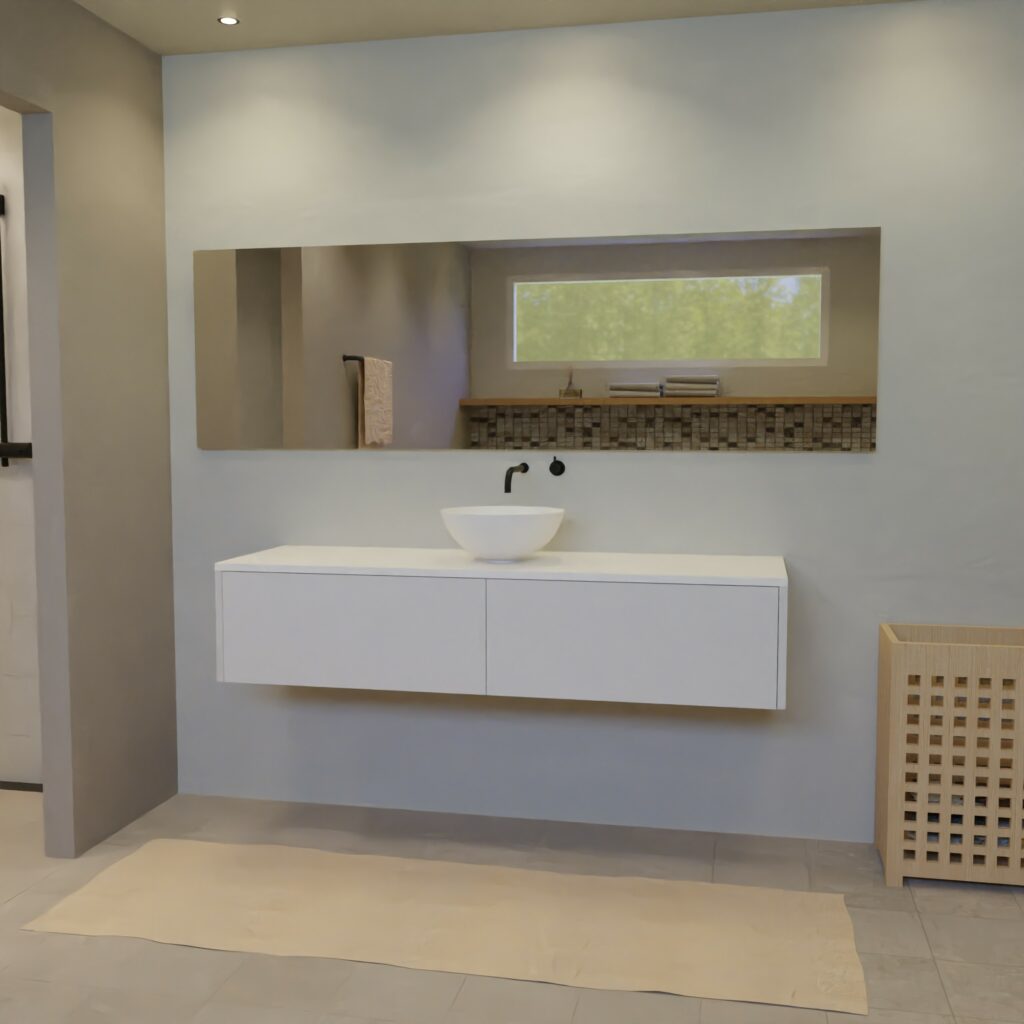 Maatwerk design badkamermeubel, gemaakt van Wit melamine of gespoten mdf met een blad van solid surface en 1 waskom van Solid Surface. Het front te openen d.m.v. Push to Open