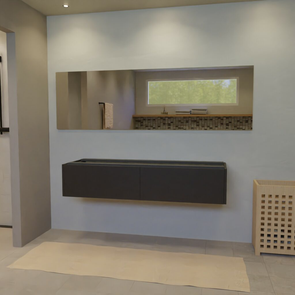 Maatwerk design wastafelkast, gemaakt van Zwart melamine of gespoten mdf met een blad van zonder. Het front te openen d.m.v. Push to Open