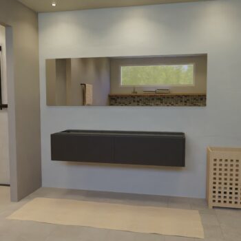 Maatwerk design wastafelkast, gemaakt van Zwart melamine of gespoten mdf met een blad van zonder. Het front te openen d.m.v. Push to Open