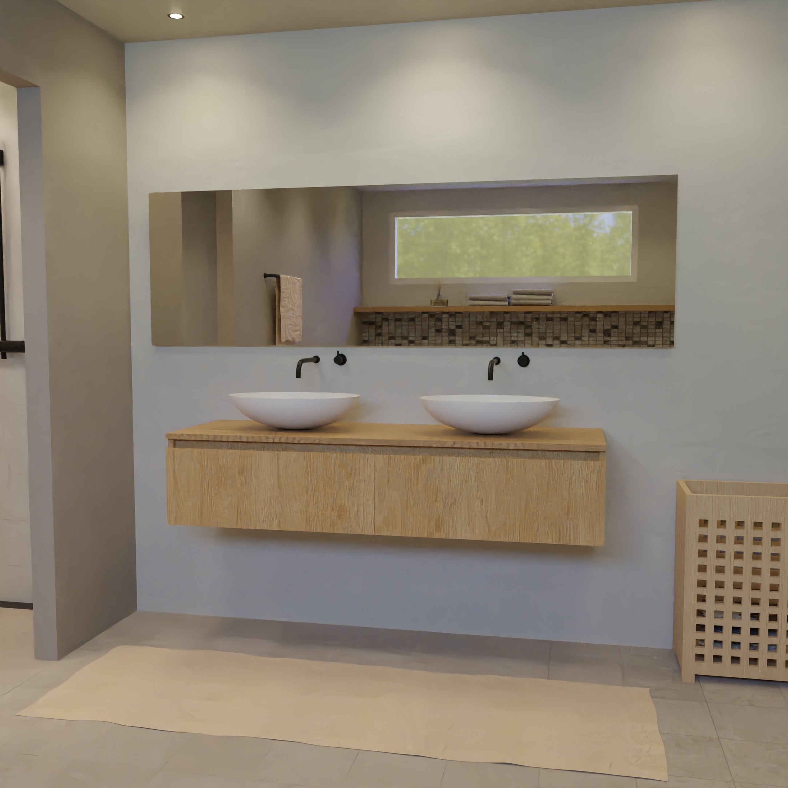 Maatwerk design wastafelkast, gemaakt van eiken hout fineer of eiken hout massief met een blad van eiken en 2 waskommen van Solid Surface. Het front te openen d.m.v. Greeplijst boven