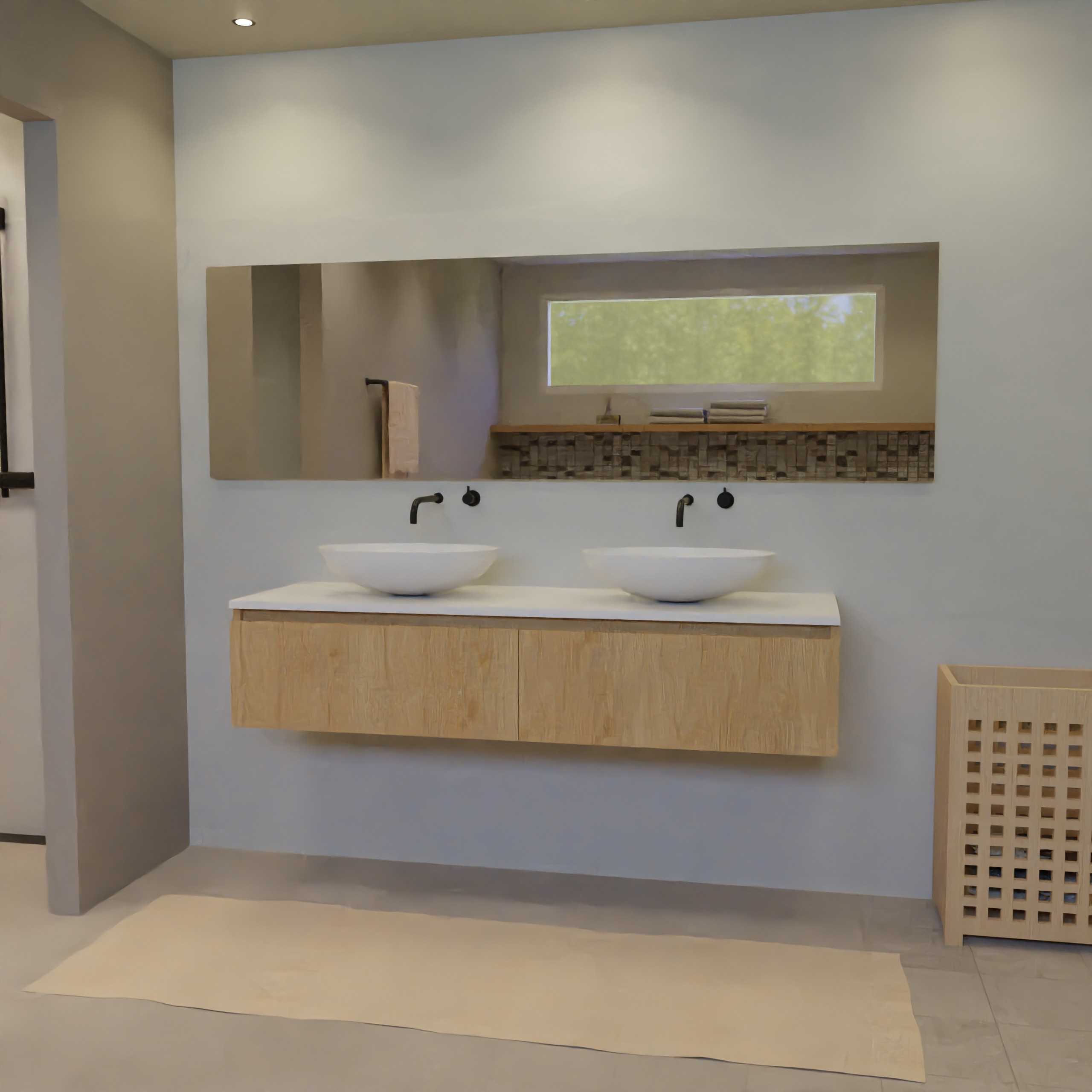 Maatwerk design wastafelmeubel, gemaakt van eiken hout fineer of eiken hout massief met een blad van solid surface en 2 waskommen van Solid Surface. Het front te openen d.m.v. Greeplijst boven