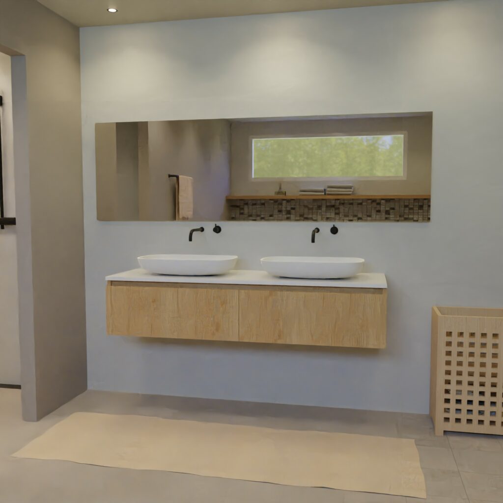 Maatwerk design badkamermeubel, gemaakt van eiken hout fineer of eiken hout massief met een blad van solid surface en 2 waskommen van Solid Surface. Het front te openen d.m.v. Greeplijst boven