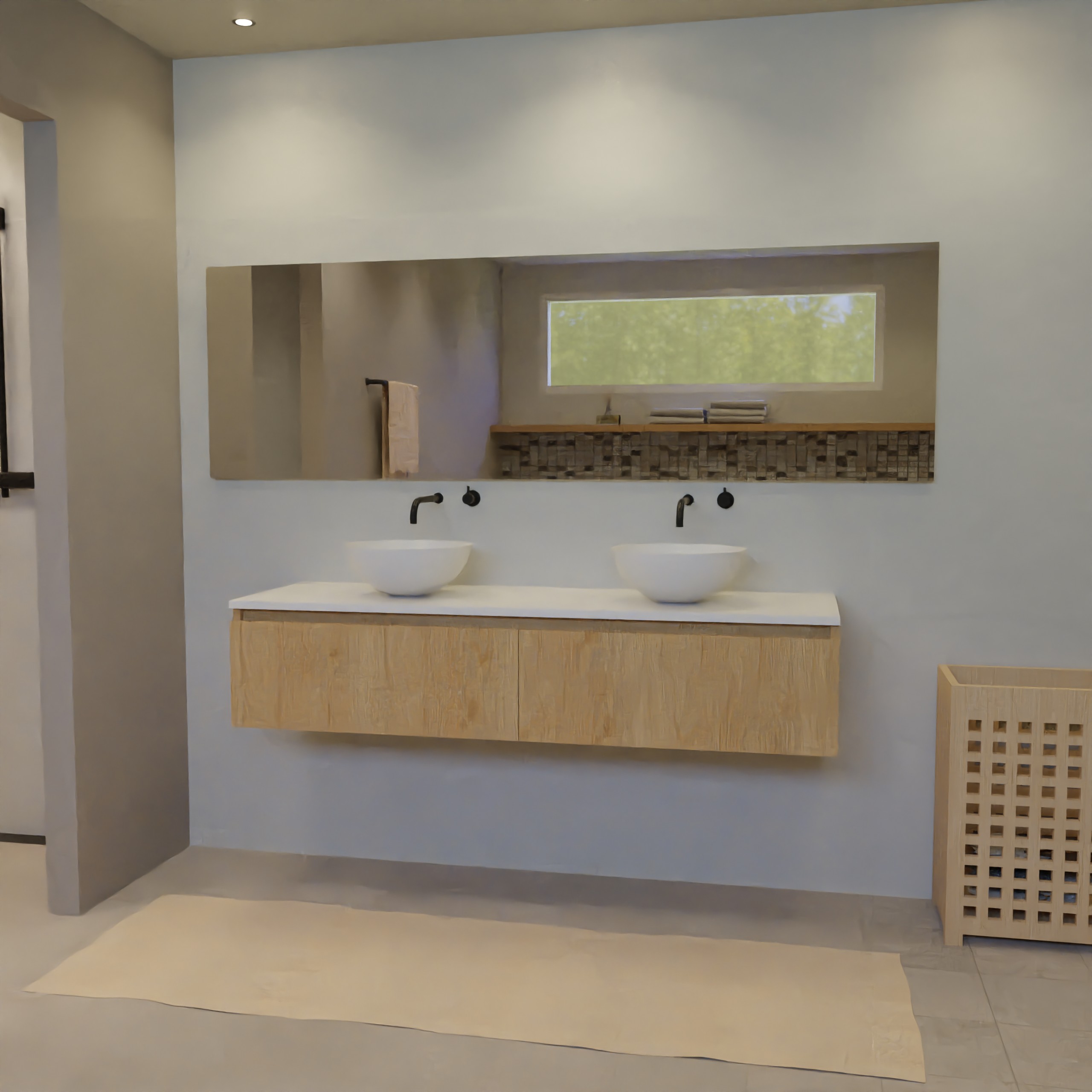 Maatwerk design badkamermeubel, gemaakt van eiken hout fineer of eiken hout massief met een blad van solid surface en 2 waskommen van Solid Surface. Het front te openen d.m.v. Greeplijst boven