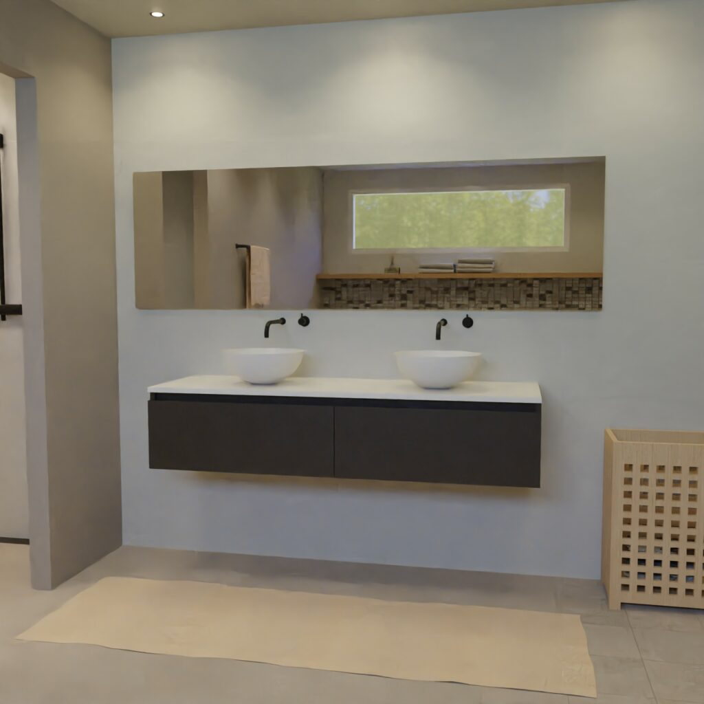 Maatwerk design wastafelmeubel, gemaakt van Zwart melamine of gespoten mdf met een blad van solid surface en 2 waskommen van Solid Surface. Het front te openen d.m.v. Greeplijst boven