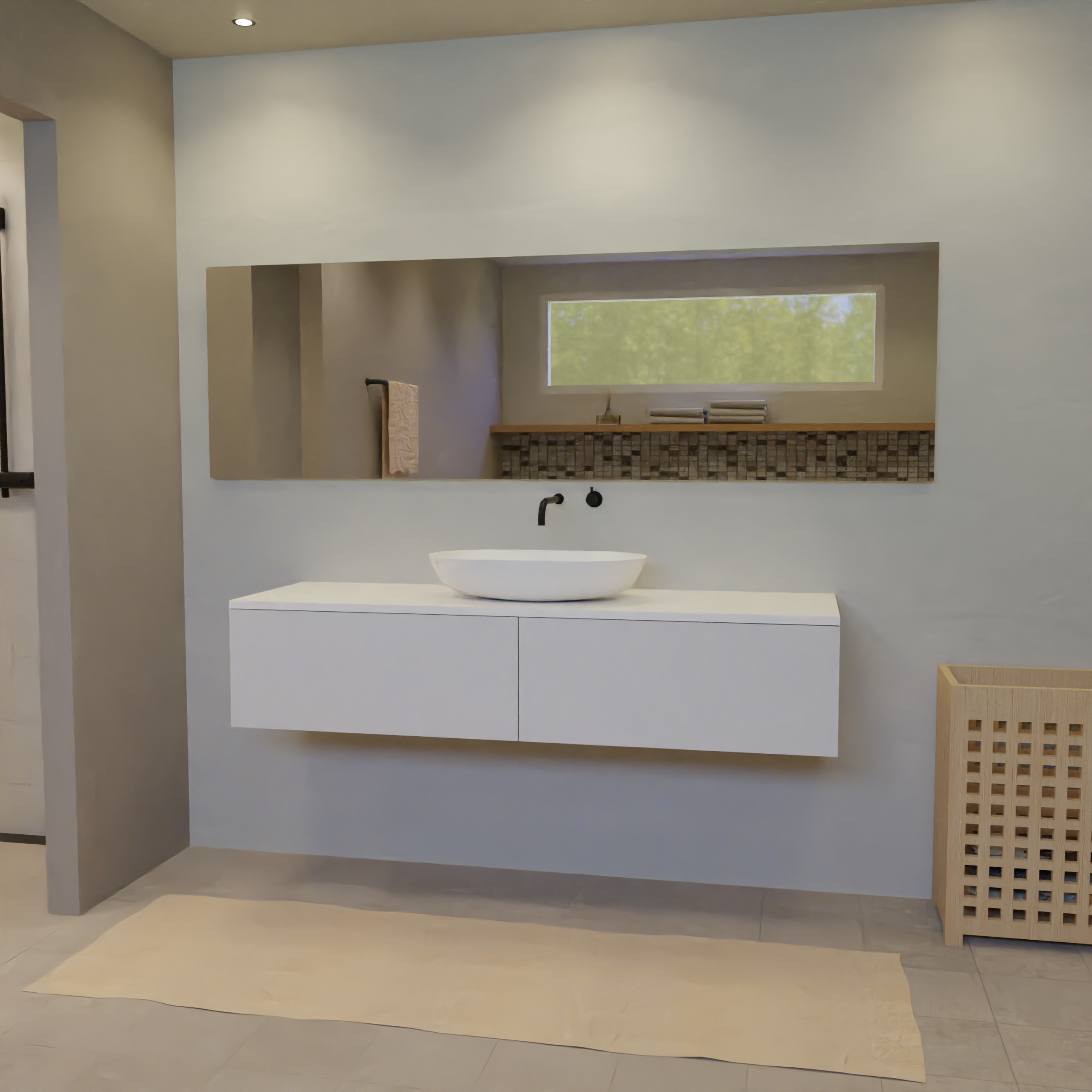 Maatwerk design badkamermeubel, gemaakt van Wit melamine of gespoten mdf met een blad van solid surface en 1 waskom van Solid Surface. Het front te openen d.m.v. Push to Open