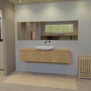 Maatwerk design wastafelmeubel, gemaakt van eiken hout fineer of eiken hout massief met een blad van eiken en 1 waskom van Solid Surface. Het front te openen d.m.v. Push to Open