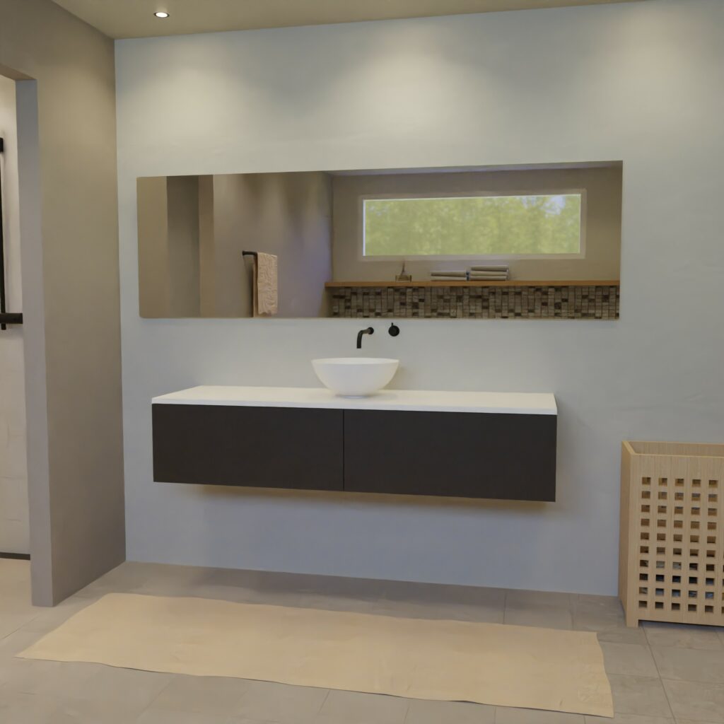 Maatwerk design badmeubel, gemaakt van Zwart melamine of gespoten mdf met een blad van solid surface en 1 waskom van Solid Surface. Het front te openen d.m.v. Push to Open