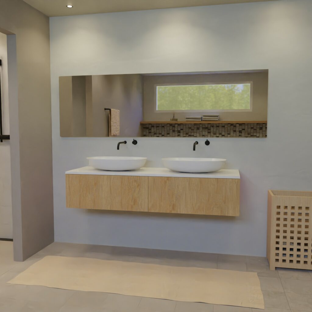 Maatwerk design wastafel onderkast, gemaakt van eiken hout fineer of eiken hout massief met een blad van solid surface en 2 waskommen van Solid Surface. Het front te openen d.m.v. Push to Open