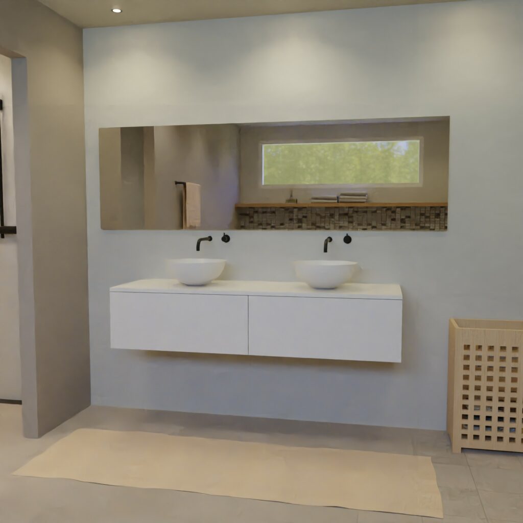 Maatwerk design badkamermeubel, gemaakt van Wit melamine of gespoten mdf met een blad van solid surface en 2 waskommen van Solid Surface. Het front te openen d.m.v. Push to Open