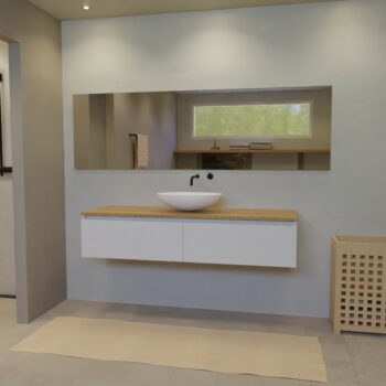 Maatwerk design badmeubel, gemaakt van Wit melamine of gespoten mdf met een blad van eiken en 1 waskom van Solid Surface. Het front te openen d.m.v. Greeplijst boven