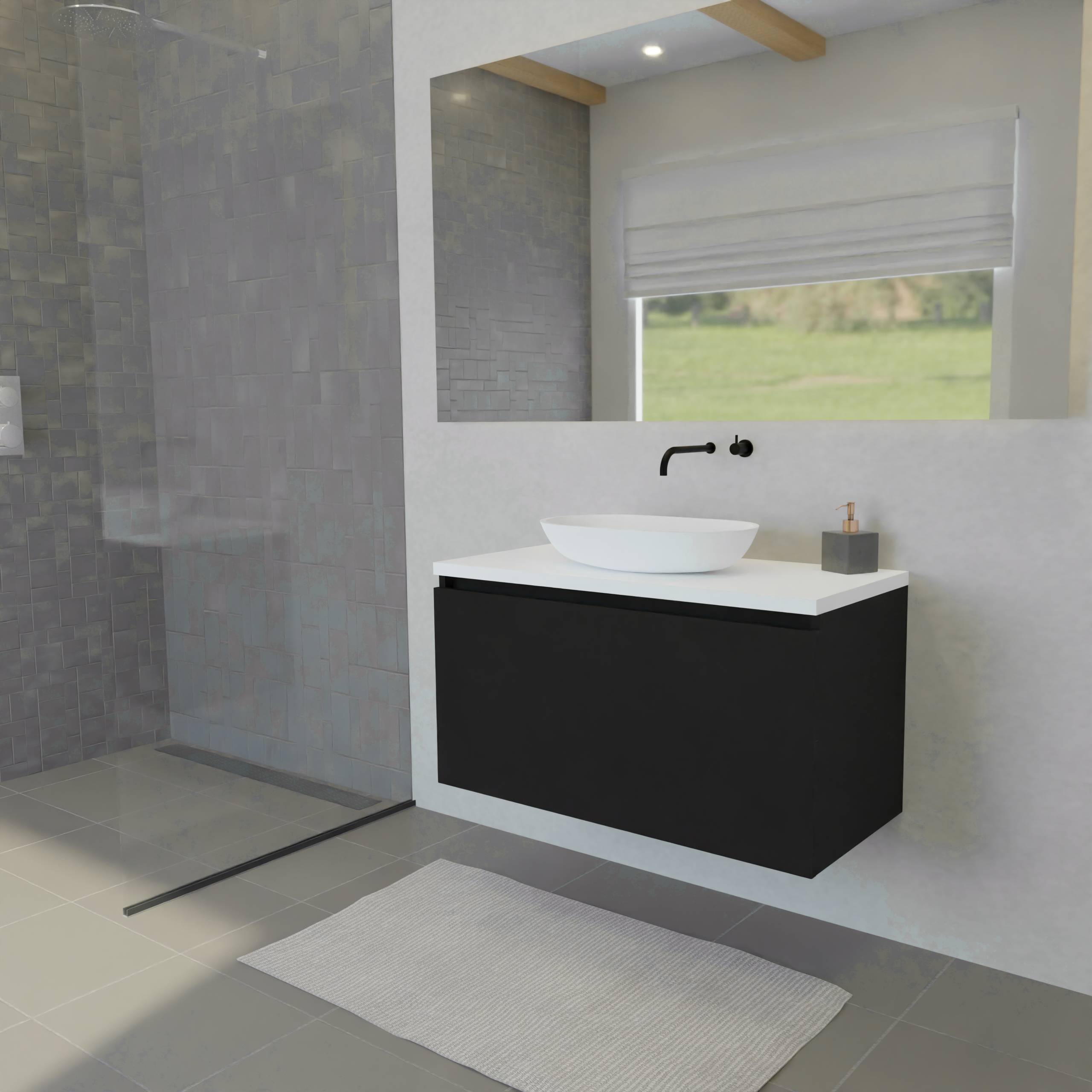 Maatwerk design badmeubel, gemaakt van Zwart melamine of gespoten mdf met een blad van solid surface en 1 waskom van Solid Surface. Het front te openen d.m.v. Greeplijst boven