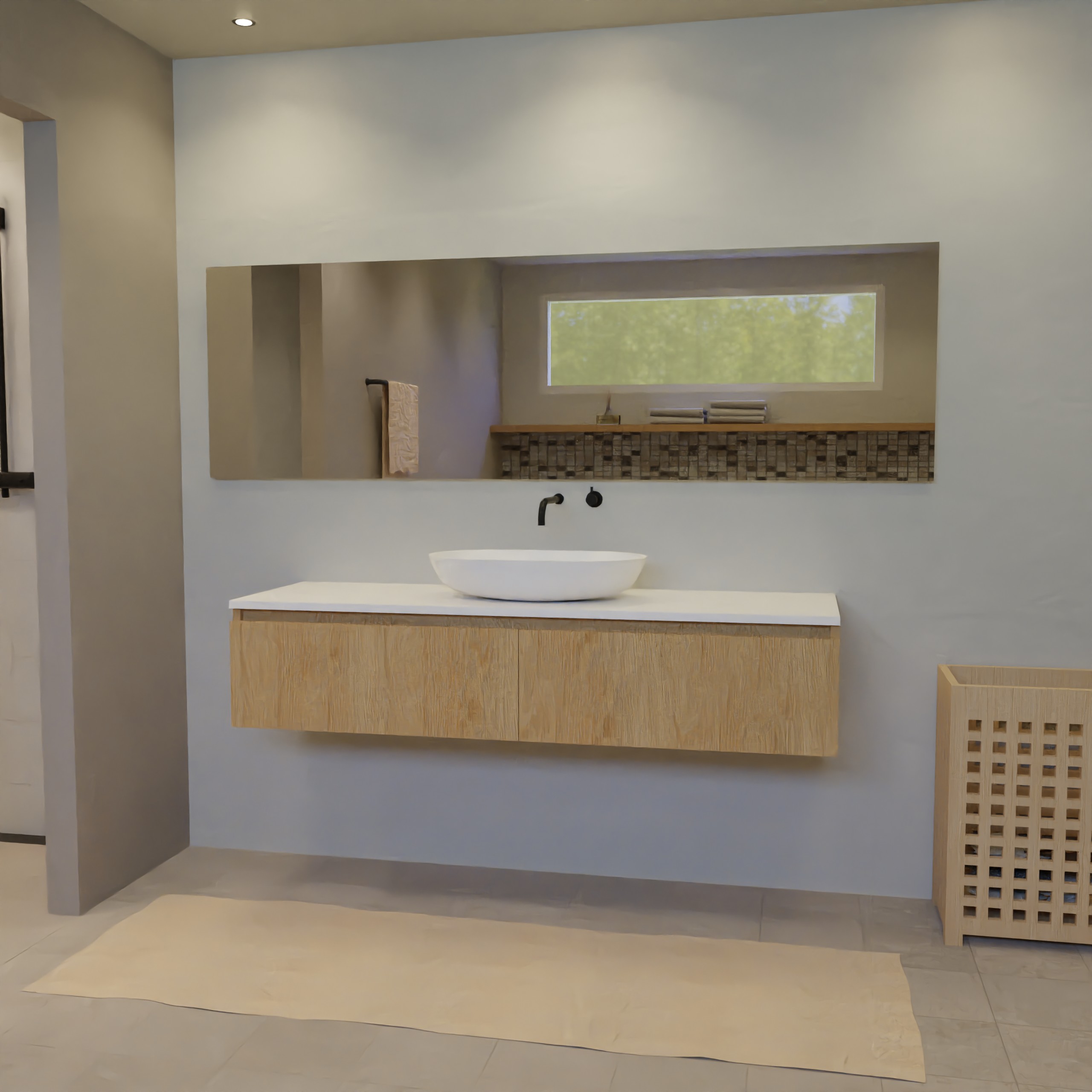 Maatwerk design wastafelkast, gemaakt van eiken hout fineer of eiken hout massief met een blad van solid surface en 1 waskom van Solid Surface. Het front te openen d.m.v. Greeplijst boven