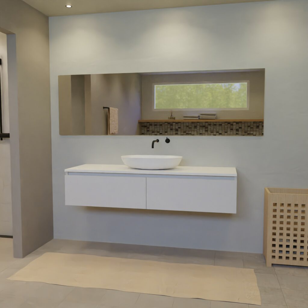 Maatwerk design wastafelmeubel, gemaakt van Wit melamine of gespoten mdf met een blad van solid surface en 1 waskom van Solid Surface. Het front te openen d.m.v. Greeplijst boven