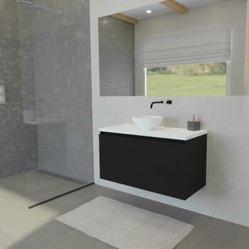 Maatwerk design wastafel onderkast, gemaakt van Zwart melamine of gespoten mdf met een blad van solid surface en 1 waskom van Solid Surface. Het front te openen d.m.v. Greeplijst boven