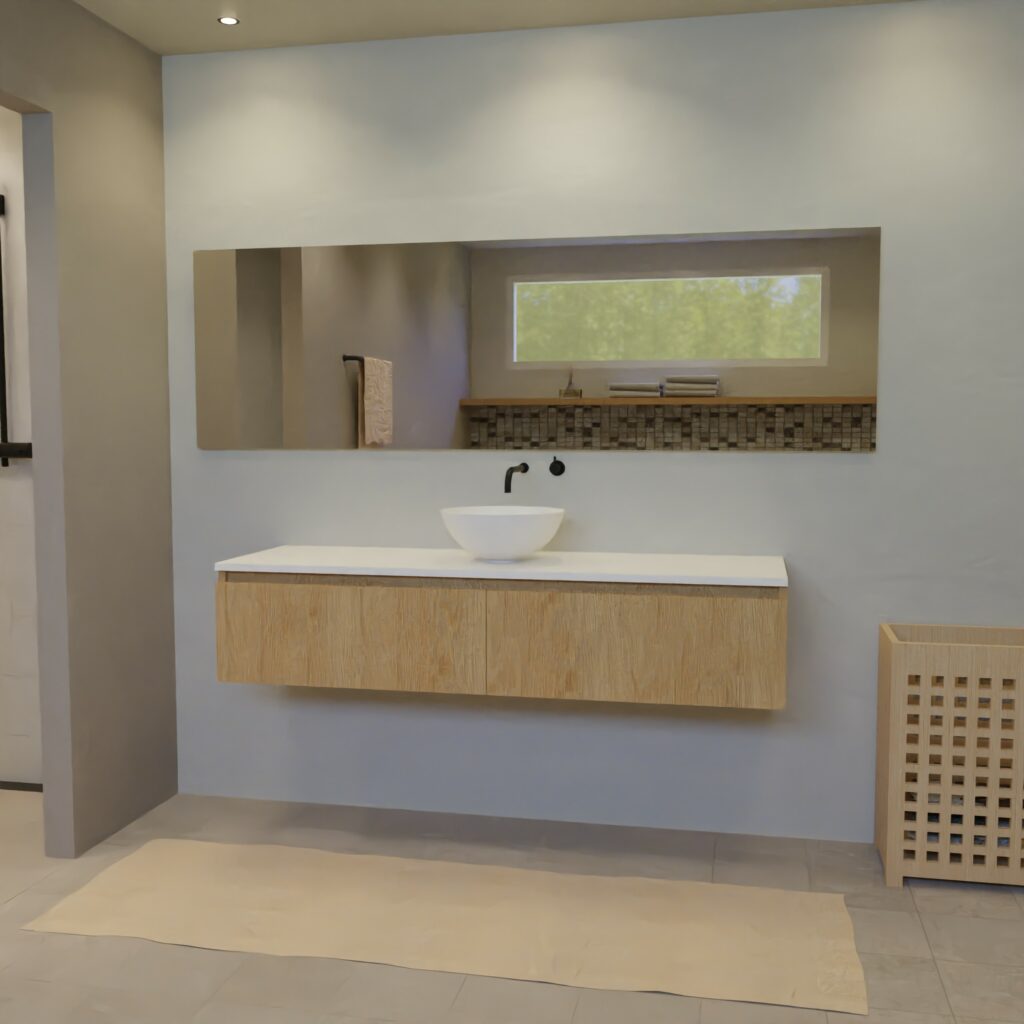 Maatwerk design badkamermeubel, gemaakt van eiken hout fineer of eiken hout massief met een blad van solid surface en 1 waskom van Solid Surface. Het front te openen d.m.v. Greeplijst boven