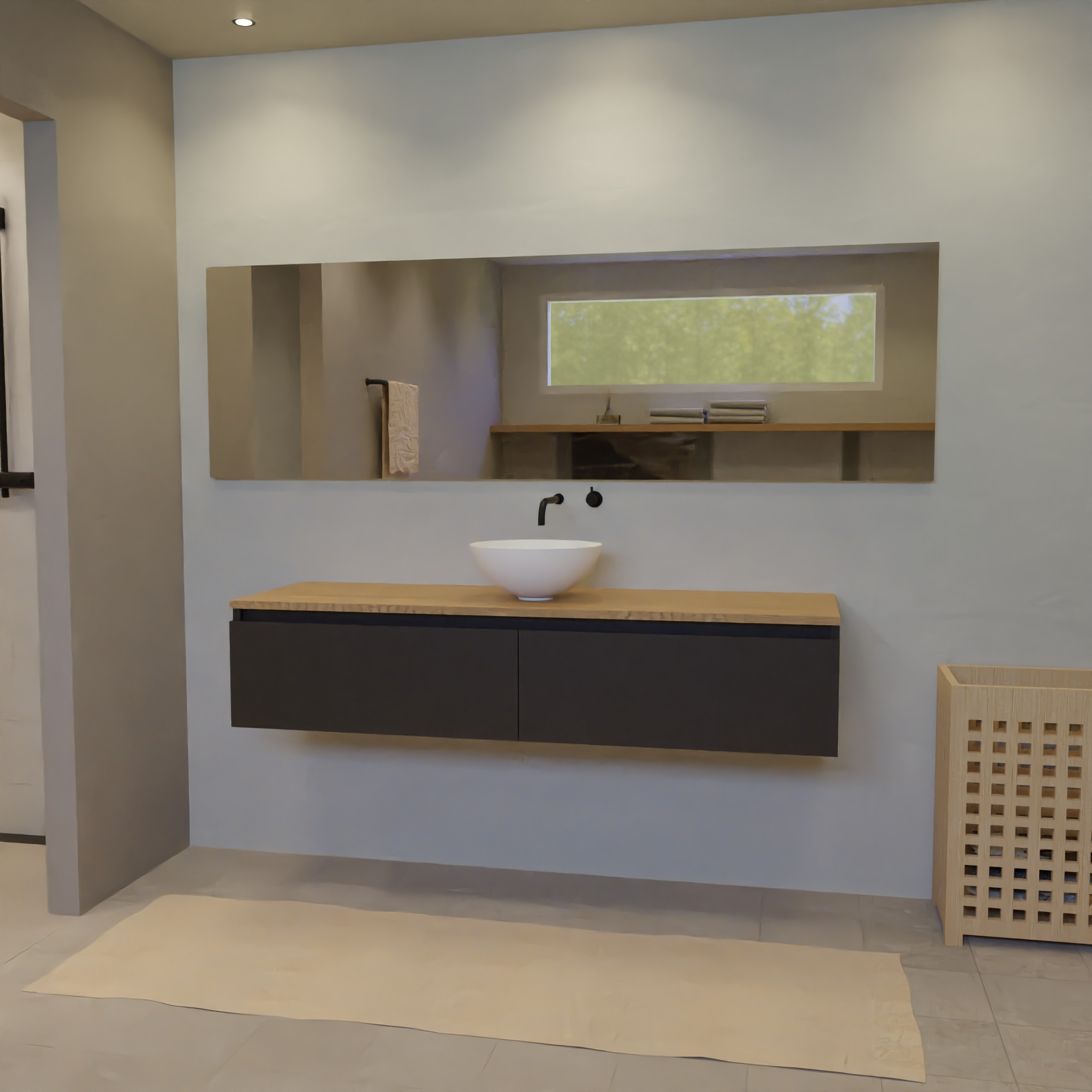 Maatwerk design badkamermeubel, gemaakt van Zwart melamine of gespoten mdf met een blad van eiken en 1 waskom van Solid Surface. Het front te openen d.m.v. Greeplijst boven