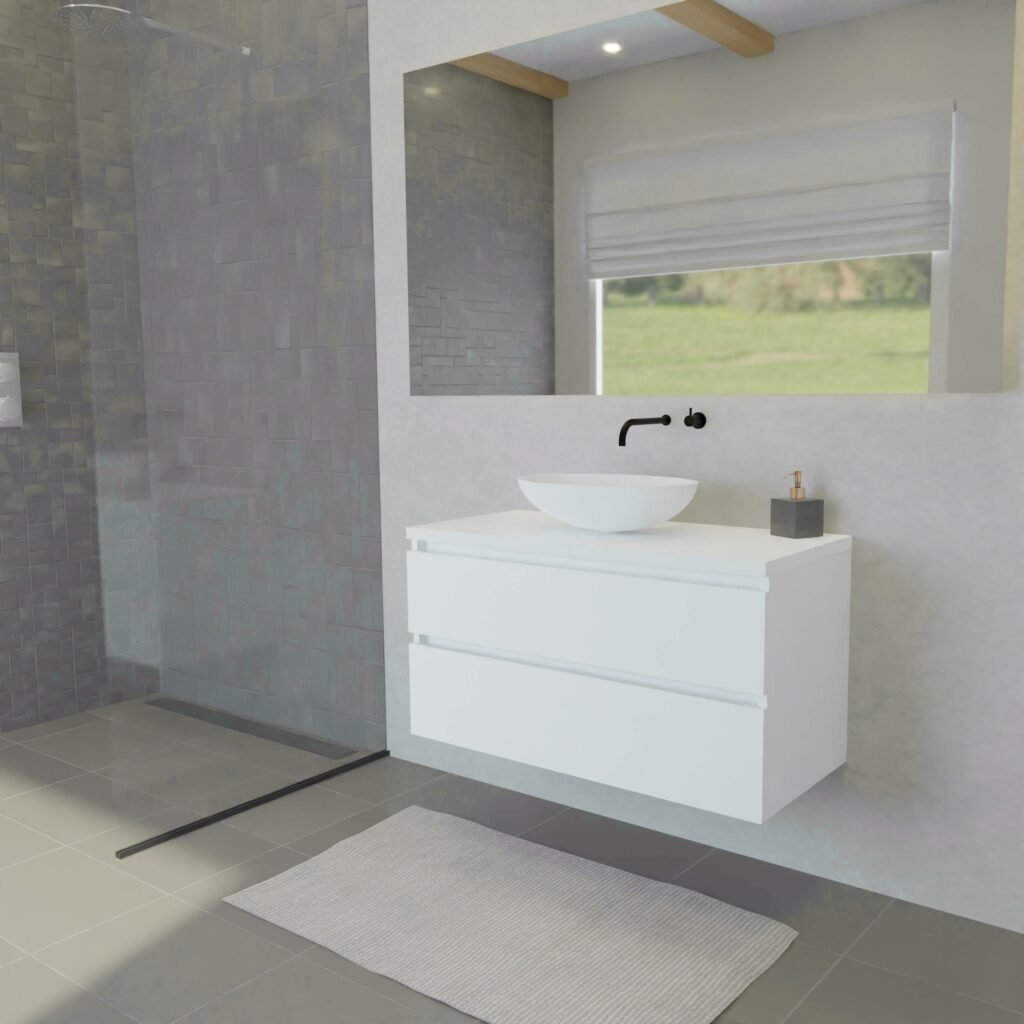 Maatwerk design wastafelkast, gemaakt van Wit melamine of gespoten mdf met een blad van solid surface en 1 waskom van Solid Surface. Het front te openen d.m.v. Greeplijst boven en midden