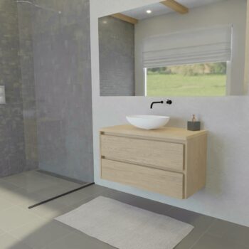 Maatwerk design badmeubel, gemaakt van eiken hout fineer of eiken hout massief met een blad van eiken en 1 waskom van Solid Surface. Het front te openen d.m.v. Greeplijst boven en midden