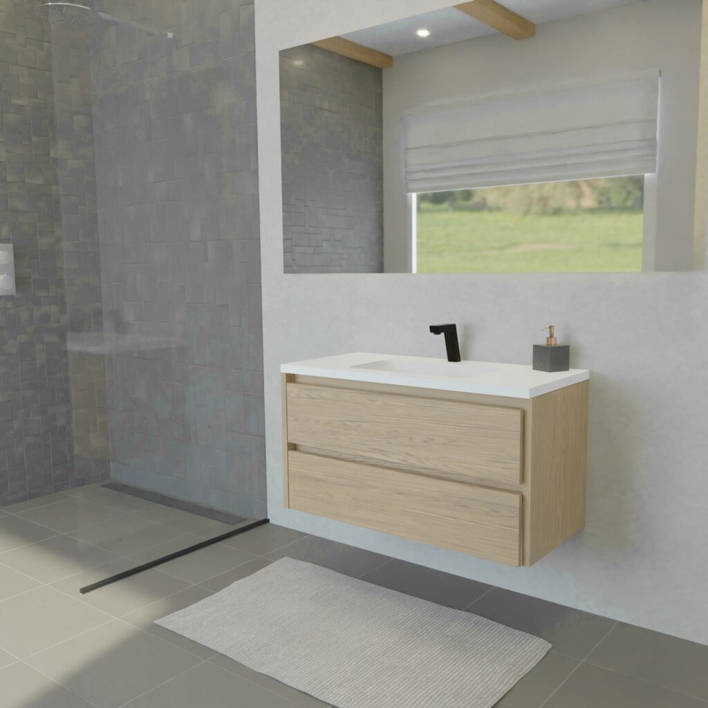 Maatwerk design wastafelkast, gemaakt van eiken hout fineer of eiken hout massief met een blad van solid surface en 1 waskom van Solid Surface. Het front te openen d.m.v. Greeplijst boven en midden
