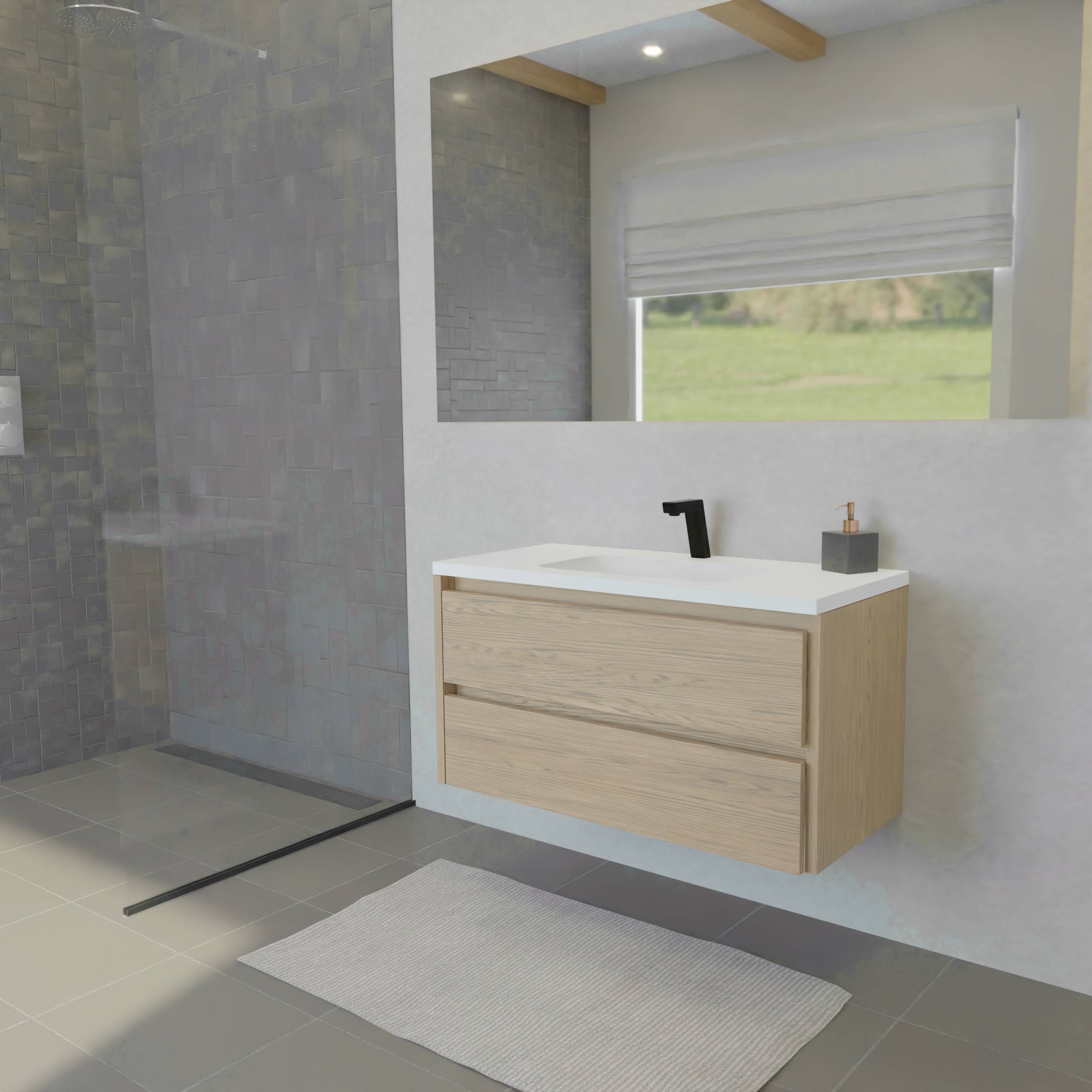 Maatwerk design wastafelkast, gemaakt van eiken hout fineer of eiken hout massief met een blad van solid surface en 1 waskom van Solid Surface. Het front te openen d.m.v. Greeplijst boven en midden