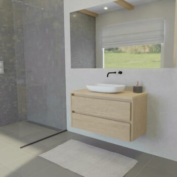 Maatwerk design wastafelmeubel, gemaakt van eiken hout fineer of eiken hout massief met een blad van eiken en 1 waskom van Solid Surface. Het front te openen d.m.v. Greeplijst boven en midden