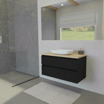 Maatwerk design wastafelkast, gemaakt van Zwart melamine of gespoten mdf met een blad van eiken en 1 waskom van Solid Surface. Het front te openen d.m.v. Greeplijst boven en midden