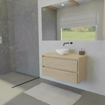 Maatwerk design wastafel onderkast, gemaakt van eiken hout fineer of eiken hout massief met een blad van eiken en 1 waskom van Solid Surface. Het front te openen d.m.v. Greeplijst boven en midden