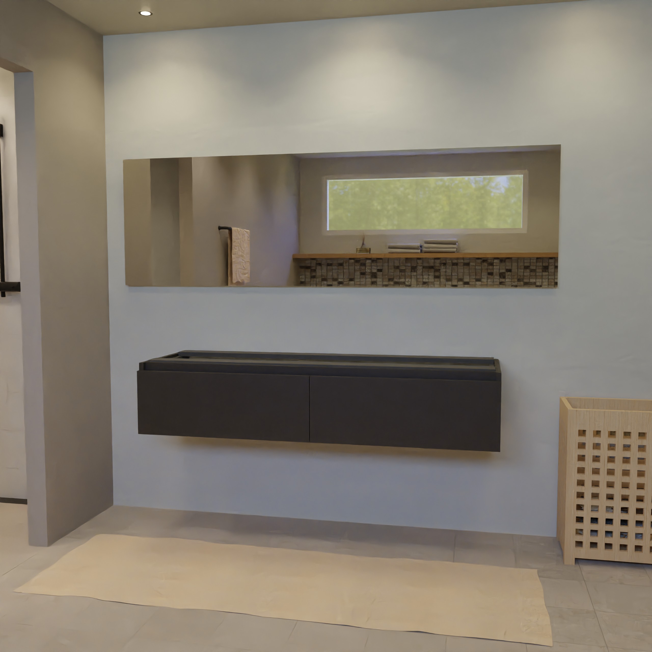 Maatwerk design badkamermeubel, gemaakt van Zwart melamine of gespoten mdf met een blad van zonder. Het front te openen d.m.v. Greeplijst boven