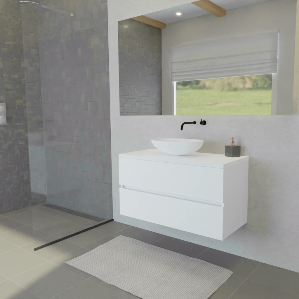 Maatwerk design badkamermeubel, gemaakt van Wit melamine of gespoten mdf met een blad van solid surface en 1 waskom van Solid Surface. Het front te openen d.m.v. Greeplijst midden
