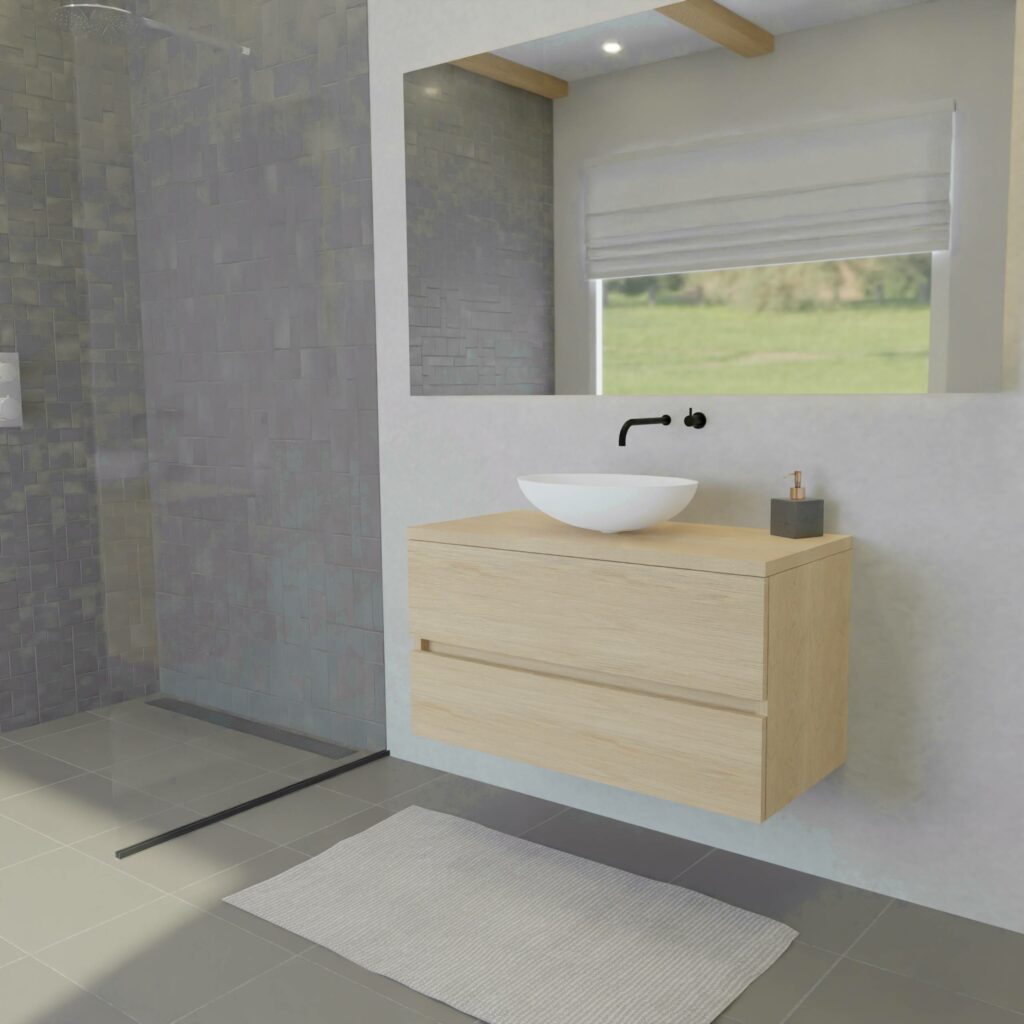 Maatwerk design badmeubel, gemaakt van eiken hout fineer of eiken hout massief met een blad van eiken en 1 waskom van Solid Surface. Het front te openen d.m.v. Greeplijst midden