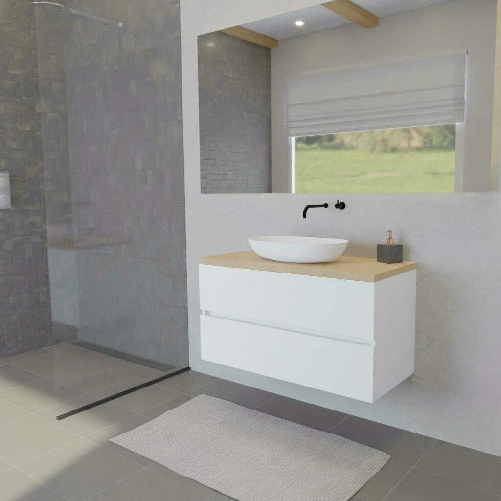Maatwerk design badkamermeubel, gemaakt van Wit melamine of gespoten mdf met een blad van eiken en 1 waskom van Solid Surface. Het front te openen d.m.v. Greeplijst midden