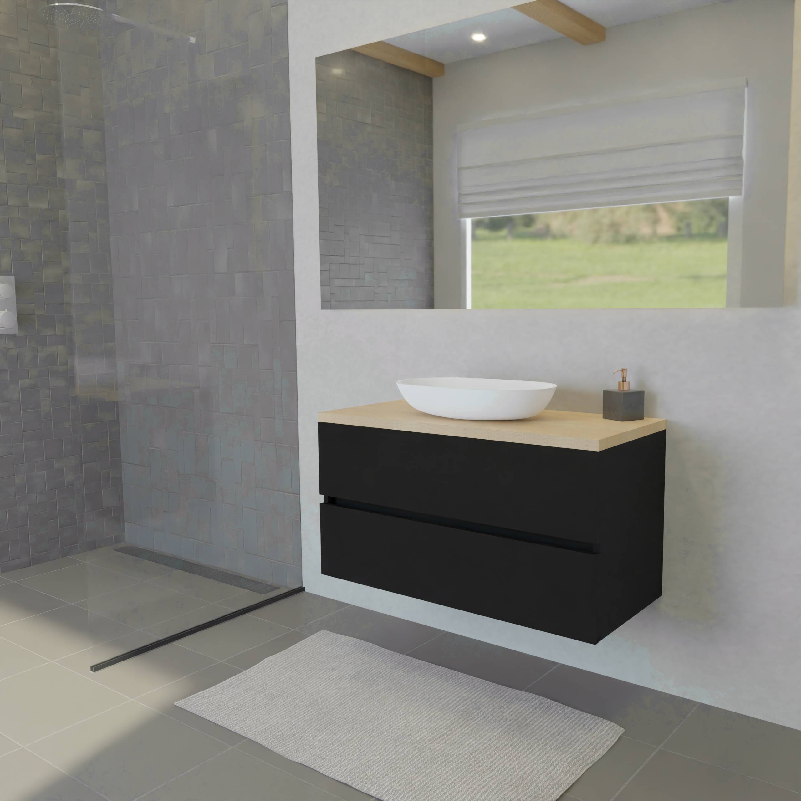 Maatwerk design badmeubel, gemaakt van Zwart melamine of gespoten mdf met een blad van eiken en 1 waskom van Solid Surface. Het front te openen d.m.v. Greeplijst midden