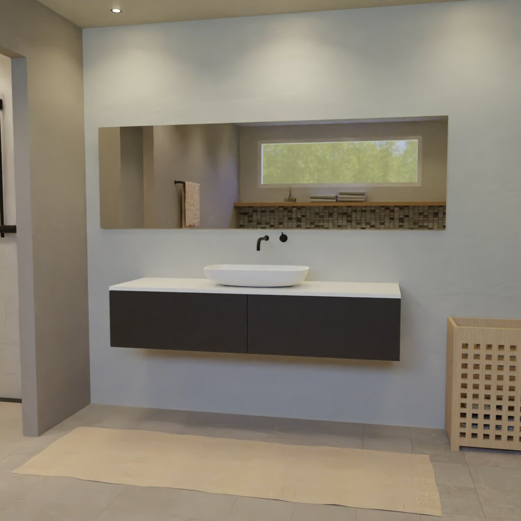 Maatwerk design wastafelmeubel, gemaakt van Zwart melamine of gespoten mdf met een blad van solid surface en 1 waskom van Solid Surface. Het front te openen d.m.v. Push to Open