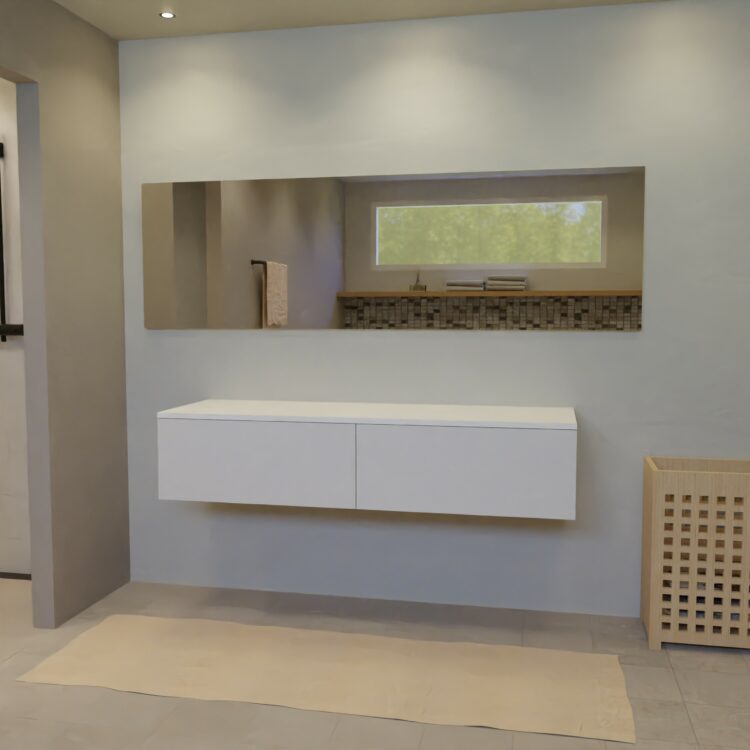Maatwerk design badmeubel, gemaakt van Wit melamine of gespoten mdf met een blad van solid surface. Het front te openen d.m.v. Push to Open