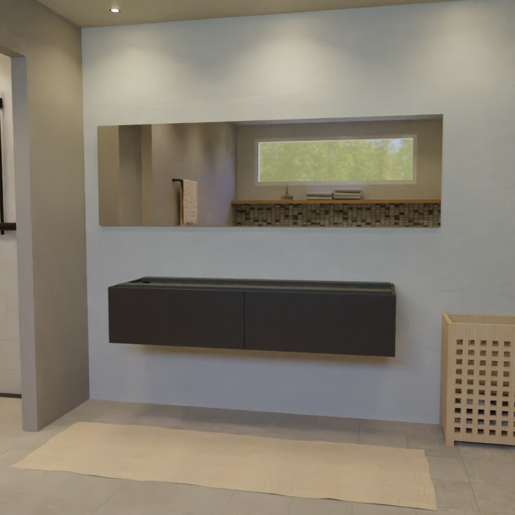 Maatwerk design wastafelmeubel, gemaakt van Zwart melamine of gespoten mdf met een blad van zonder. Het front te openen d.m.v. Push to Open