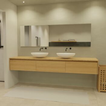Maatwerk design badkamermeubel, gemaakt van eiken hout fineer of eiken hout massief met een blad van eiken en 2 waskommen van Solid Surface. Het front te openen d.m.v. Greeplijst boven
