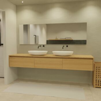 Maatwerk design badmeubel, gemaakt van eiken hout fineer of eiken hout massief met een blad van eiken en 2 waskommen van Solid Surface. Het front te openen d.m.v. Greeplijst boven