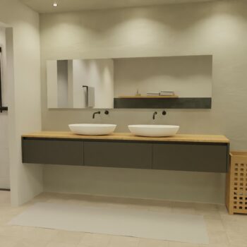 Maatwerk design badkamermeubel, gemaakt van Zwart melamine of gespoten mdf met een blad van eiken en 2 waskommen van Solid Surface. Het front te openen d.m.v. Greeplijst boven