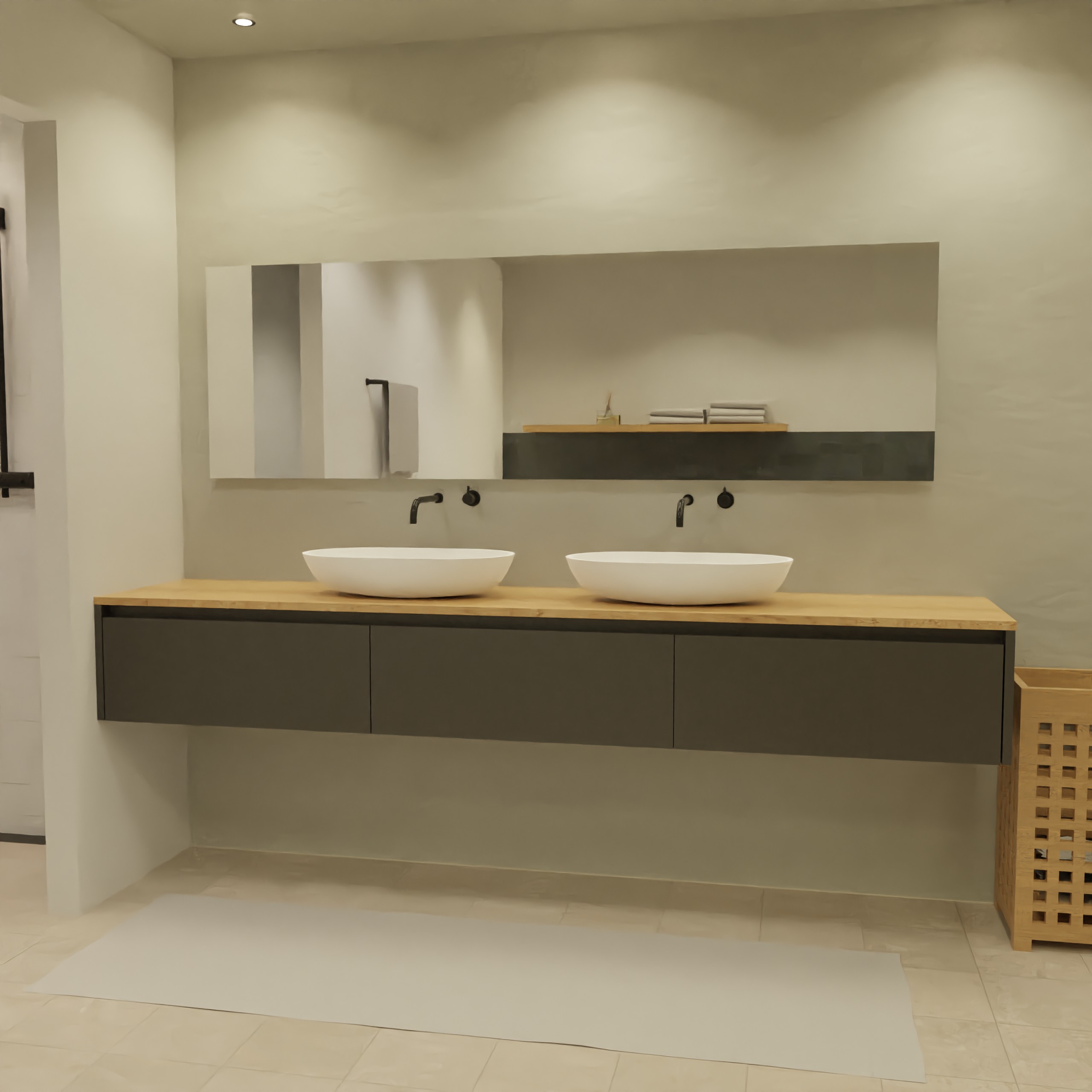 Maatwerk design badkamermeubel, gemaakt van Zwart melamine of gespoten mdf met een blad van eiken en 2 waskommen van Solid Surface. Het front te openen d.m.v. Greeplijst boven